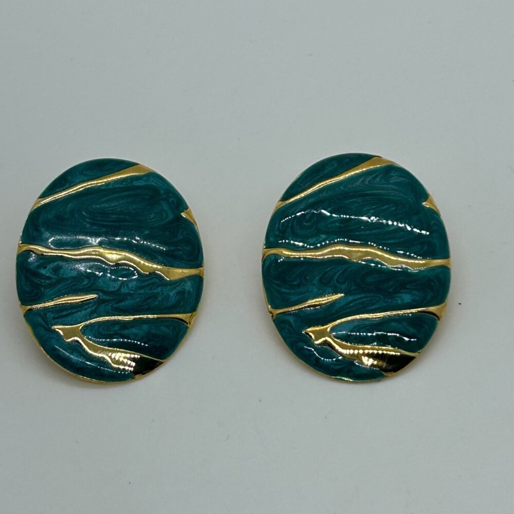 Vintage Teal Enamel Button Earrings Gold Tone Marbled Swirl 1980s Statement Jewe
